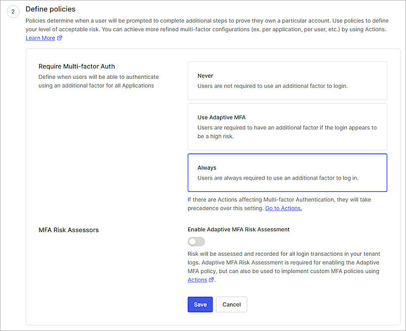 Screenshot of Auth0, Define policies